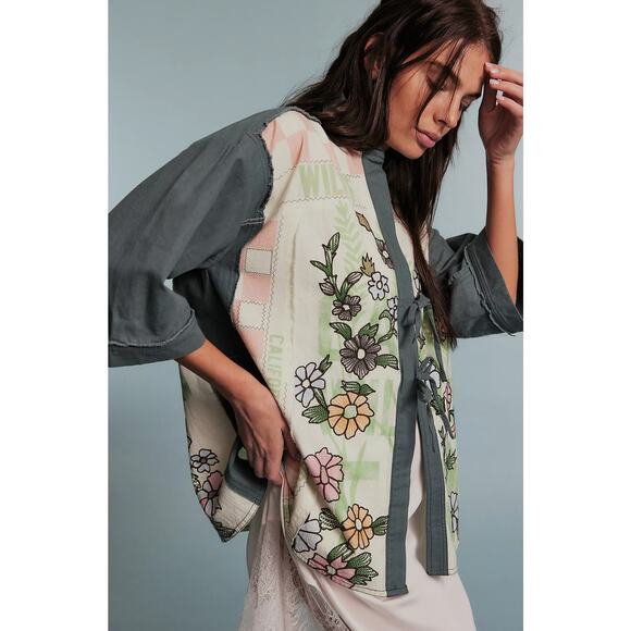 NEW Free People We The Free Pressed in Flowers Embroidered Floral Kimono Green - Picture 1 of 9